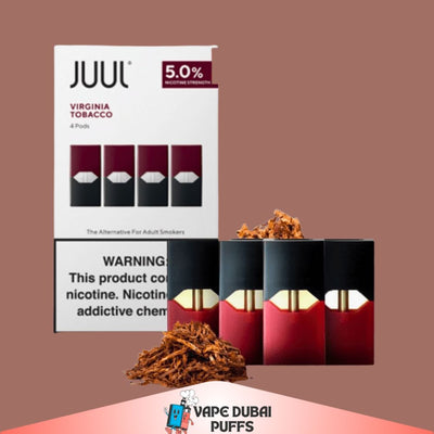 Juul Virginia Tobacco vape pods packaging with warning label on a brown background