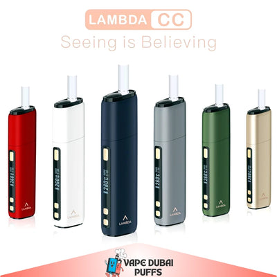 Set of Lambda CC vape devices in various colors with 'Vape Dubai' branding.