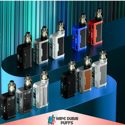 Collection of vape devices on a blue platform with a colorful background