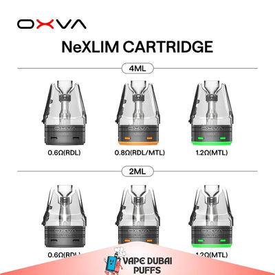 OXVA NeXLIM cartridge options with different resistance values on a white background.