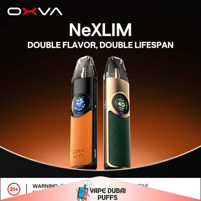 OXVA NeXLim vape devices with digital displays on a gradient background