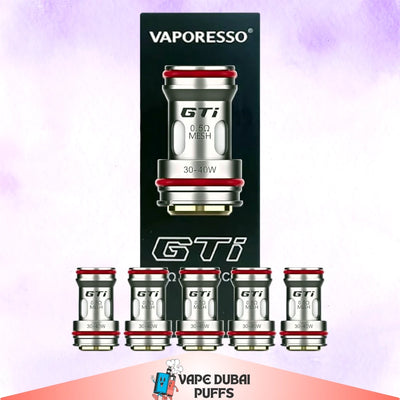 Vaporesso GTi vape coils with packaging on a gradient background