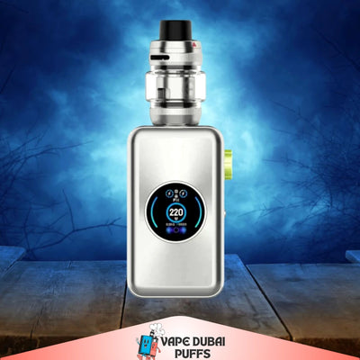 Vaporesso Gen MAX 220W Arctic Silver Kit with digital display on a blue background, featuring 'Vape Dubai Puffs' branding.