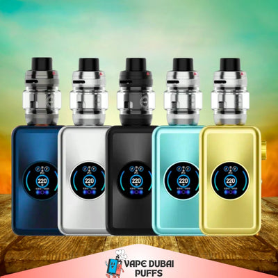 Vaporesso Gen MAX220 W devices in different colors on a wooden surface with a colorful gradient background.