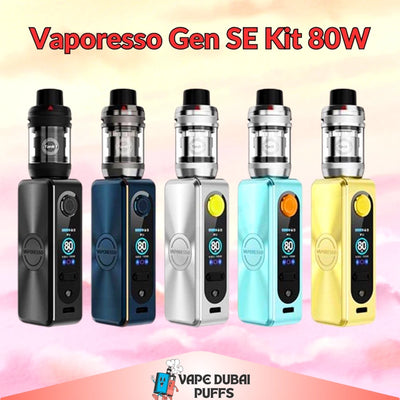 Vaporesso Gen SE Kit 80W in various colors with Vape Dubai Puffs branding.