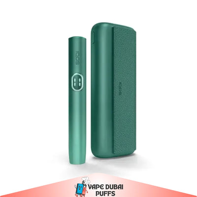 Iluma i prime aspen green vape device with charging case on a white background
